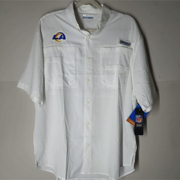 NWT Columbia PFG Shirt Mens Medium Los Angeles Rams White Tamiami SS Omni-Shade - Picture 1 of 7